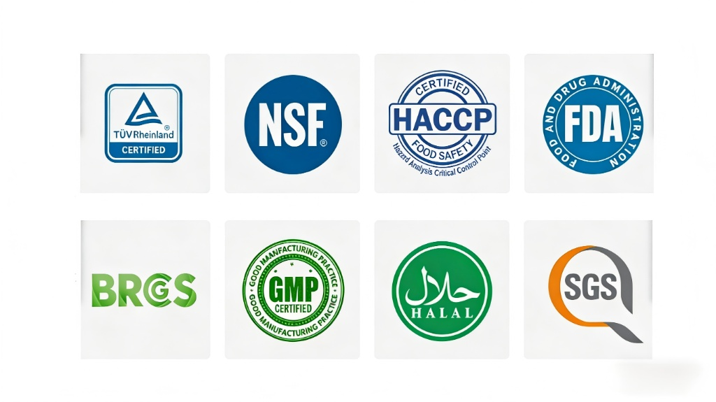 TUV Rheinland, NSF, HACCP, FDA, BRCGS, GMP, HALAL, SGS Certified Badges